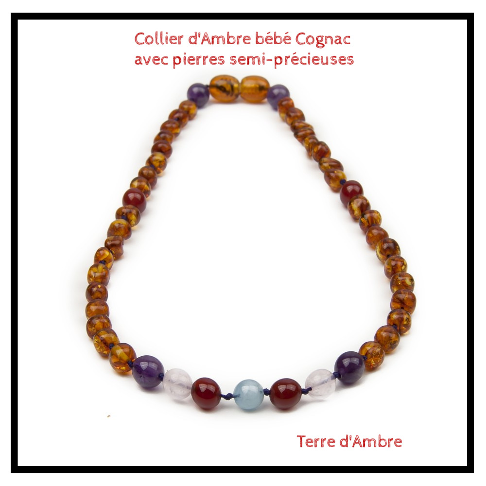 Collier d'Ambre bébé baroque Cognac avec pierres semi-précieuses Collier d'Ambre bébé baroque Cognac avec pierres semi-précieuses