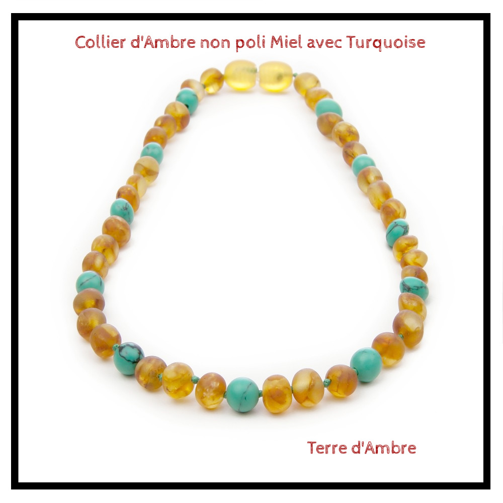 Collier d'Ambre bébé non poli Miel avec Turquoise Collier d'Ambre bébé non poli Miel avec Turquoise