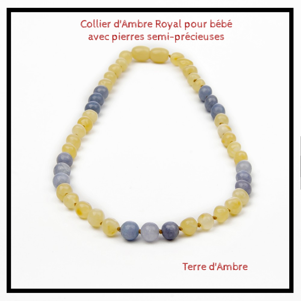 Collier d'Ambre Royal poli pour bébé avec Aigue-Marine Collier d'Ambre Royal poli pour bébé avec Aigue-Marine