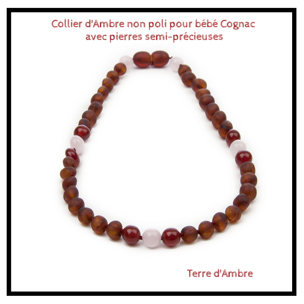 Collier d'Ambre non poli pour bébé Cognac foncé avec pierres semi-précieuses Collier d'Ambre non poli pour bébé Cognac foncé avec pierres semi-précieuses