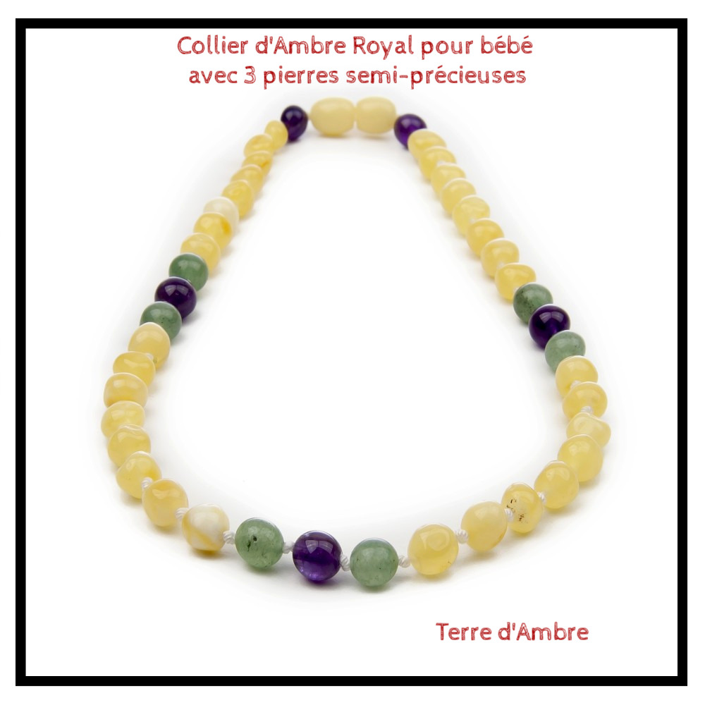 Collier d'Ambre Royal poli pour bébé avec pierres semi-précieuses Collier d'Ambre Royal poli pour bébé avec pierres semi-précieuses