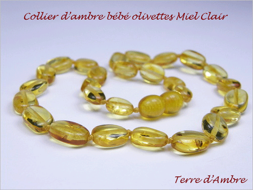 Collier d'ambre bébé olivettes miel clair Collier d'ambre bébé olivettes miel clair