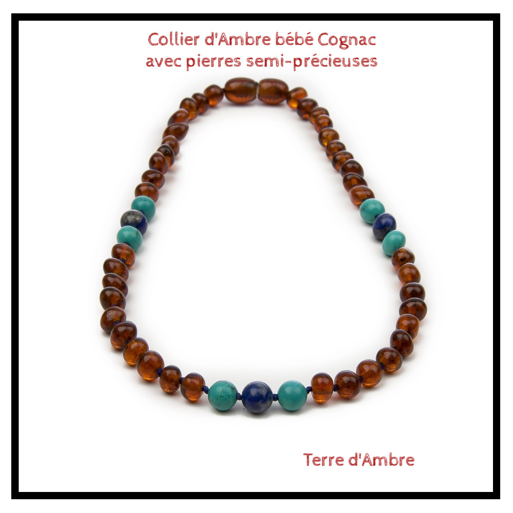 Collier d'Ambre bébé baroque Cognac foncé avec pierres semi-précieuses Collier d'Ambre bébé baroque Cognac foncé avec pierres semi-précieuses