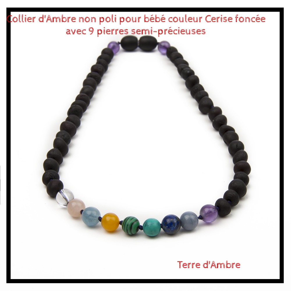 Collier d'Ambre bébé non poli cerise foncée avec 9 pierres semi-précieuses Collier d'Ambre bébé non poli cerise foncée avec 9 pierres semi-précieuses