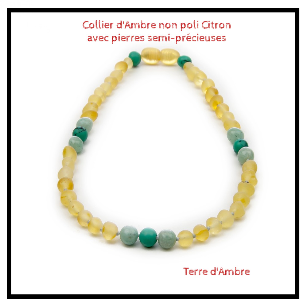 Collier d'Ambre bébé non poli Citron avec pierres semi-précieuses Collier d'Ambre bébé non poli Citron avec pierres semi-précieuses