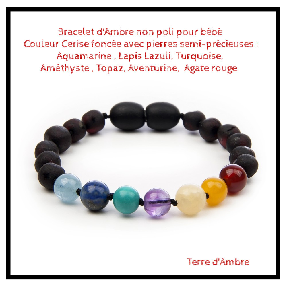 Bracelet d'Ambre bébé baroque non poli Cerise avec pierres semi-précieuses Bracelet d'Ambre bébé baroque non poli Cerise avec pierres semi-précieuses