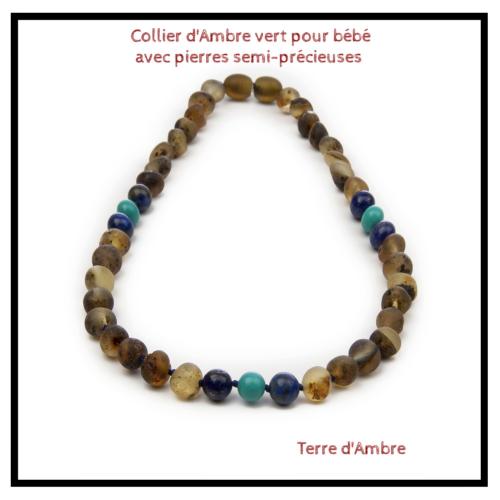 Collier d'Ambre bébé baroque vert avec pierres semi-précieuses Collier d'Ambre bébé baroque vert avec pierres semi-précieuses