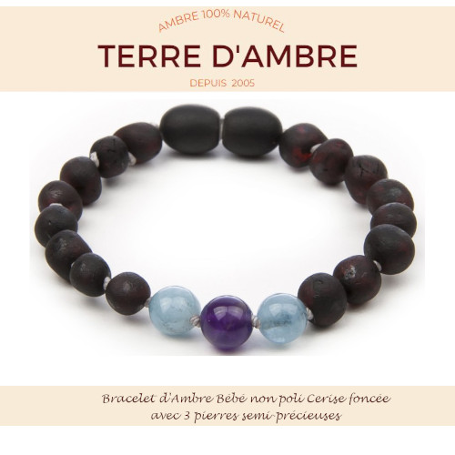 Bracelet d'Ambre non poli pour bébé baroque Cerise avec pierres semi-précieuses