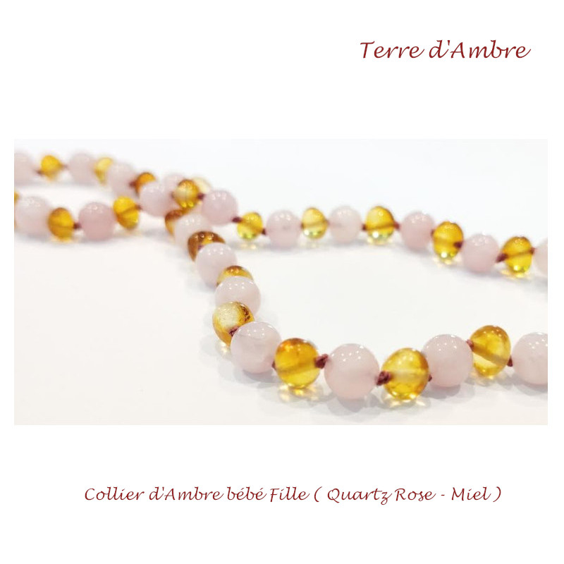 Collier d'ambre bébé baroque Quartz rose - Miel