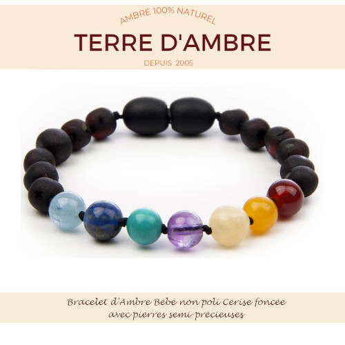 Bracelet d'Ambre bébé baroque non poli Cerise avec pierres semi-précieuses