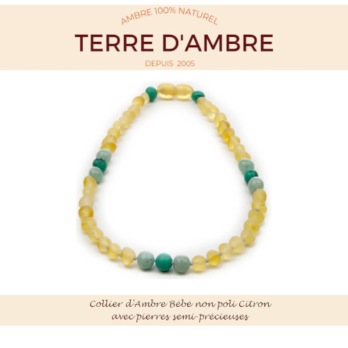 Collier d'Ambre bébé non poli Citron avec pierres semi-précieuses