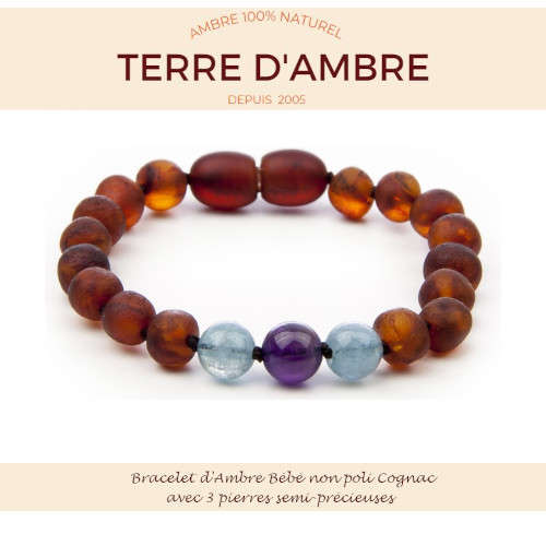 Bracelet d'Ambre non poli bébé baroque Cognac et pierres semi-précieuses
