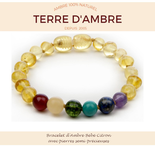 Bracelet d'Ambre bébé baroque Citron avec pierres semi-précieuses