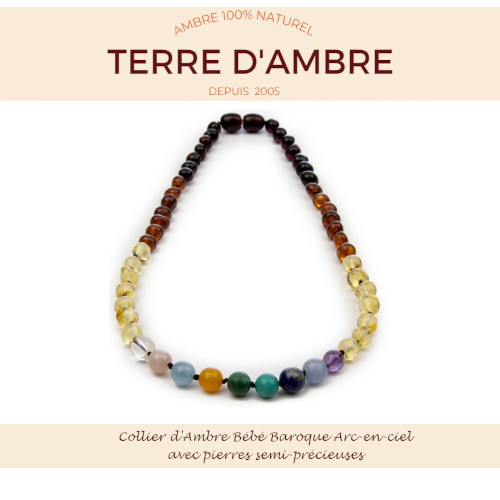 Collier d'Ambre bébé baroque Arc-en-Ciel avec pierres semi-précieuses