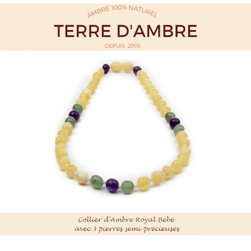 Collier d'Ambre Royal poli pour bébé avec pierres semi-précieuses