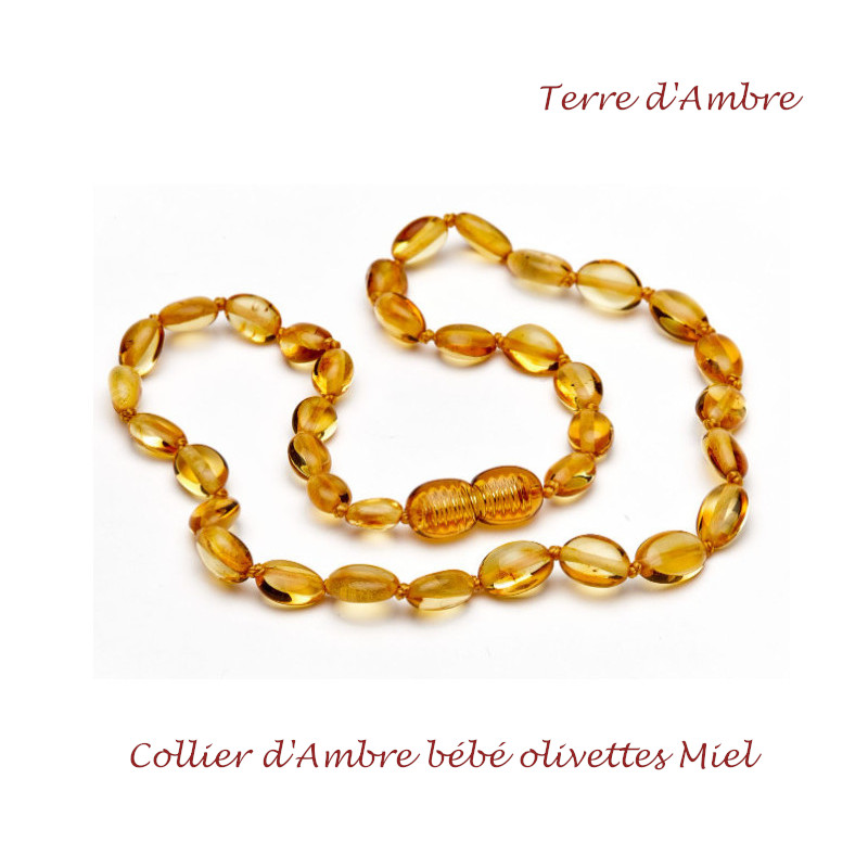 Collier d'ambre bébé olivettes miel clair