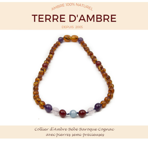 Collier d'Ambre bébé baroque Cognac avec pierres semi-précieuses