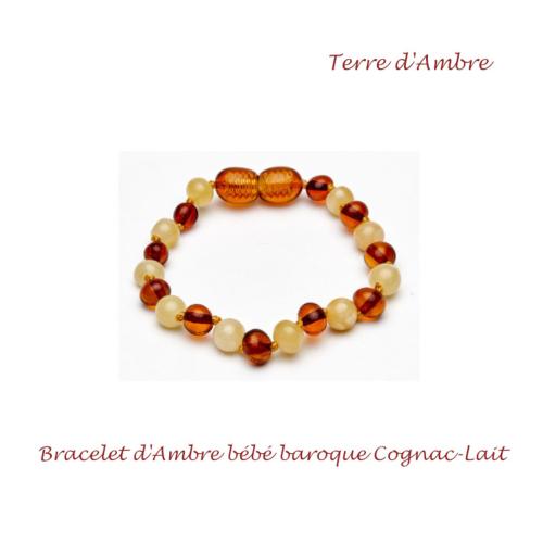 Bracelet d'ambre bébé baroque cognac-lait