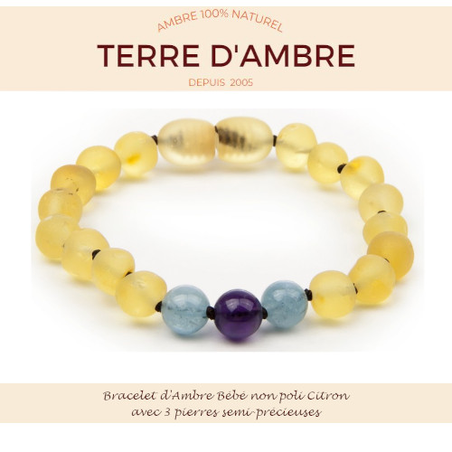 Bracelet d'Ambre non poli bébé baroque Citron et pierres semi-précieuses