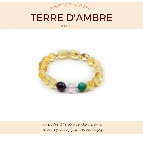 Bracelet d'Ambre bébé baroque Citron avec 3 pierres semi-précieuses