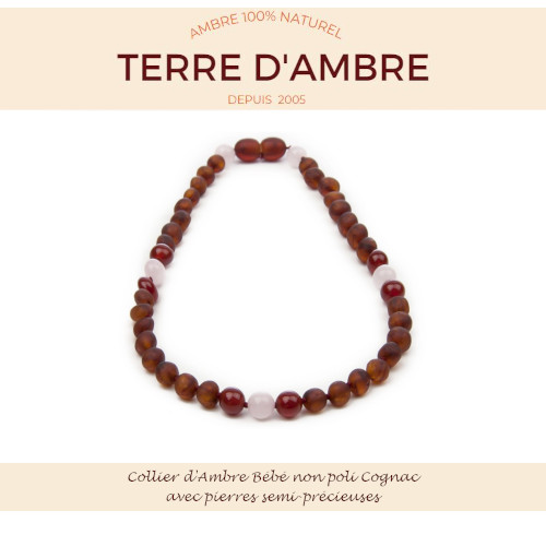 Collier d'Ambre non poli pour bébé Cognac foncé avec pierres semi-précieuses