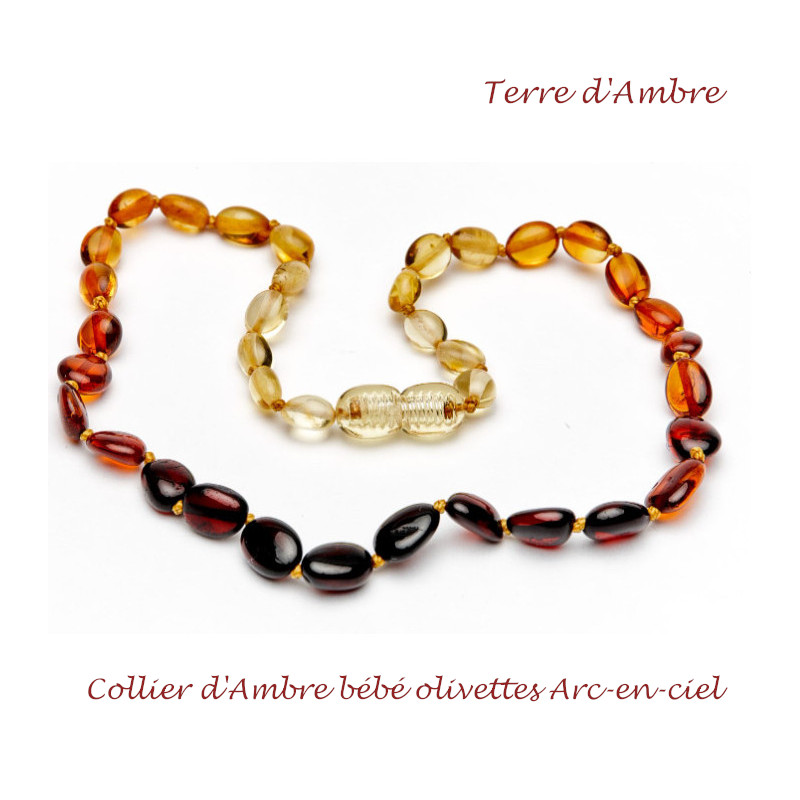 Collier d'ambre bébé olivettes arc-en-ciel