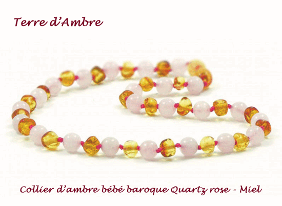 Collier d'ambre bébé baroque Quartz rose - Miel