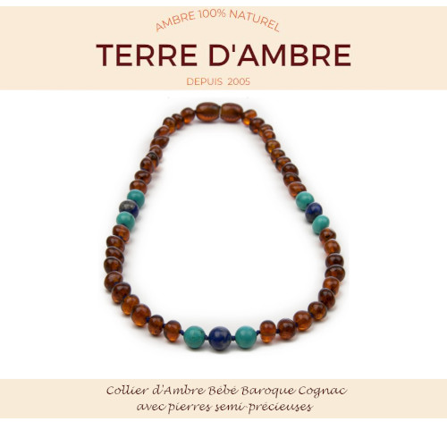 Collier d'Ambre bébé baroque Cognac foncé avec pierres semi-précieuses