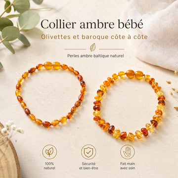 Collier ambre olivettes vs baroque : quelle forme de perle choisir pour bébé ? | Terre d'Ambre