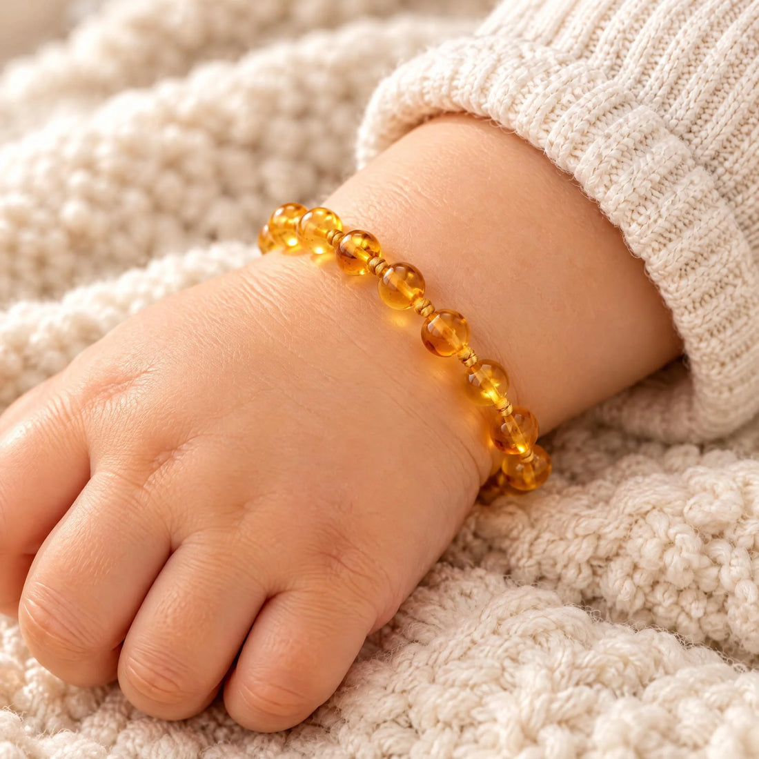 Bracelet ambre bébé baroque miel porté par un bébé | Terre d'Ambre