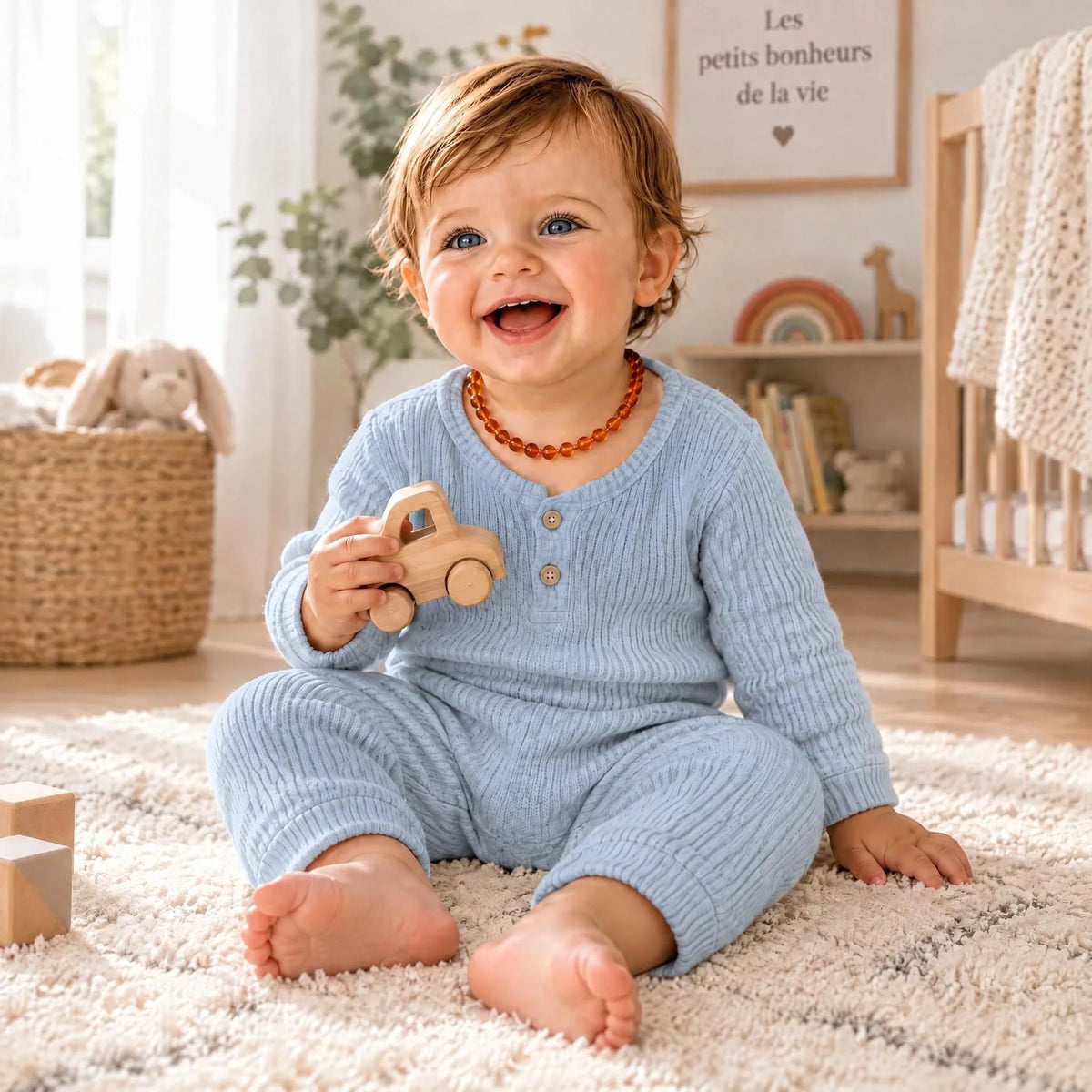 Collier ambre bébé baroque cognac porté par un bébé | Terre d'Ambre