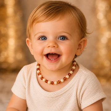 Collier d'ambre bébé baroque cognac-lait