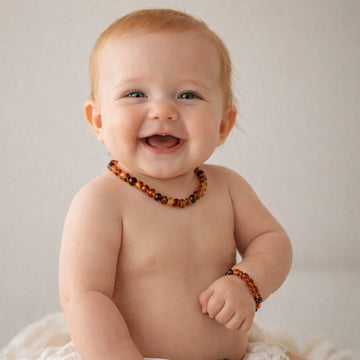 Duo collier + bracelet bébé ambre baroque cognac